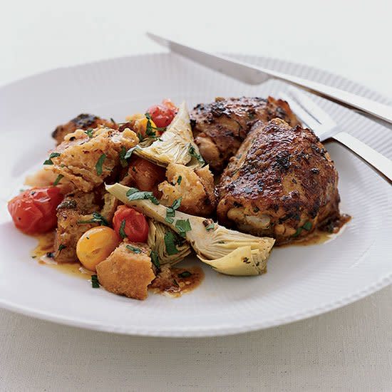 Tangy Roasted Chicken Thighs with Artichoke Panzanella