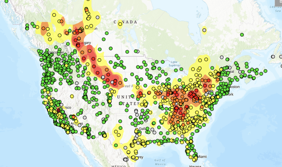 Air quality dropped across America’s heartland and northeast again this week due to Canadian wildfire smoke (AirNow.gov)
