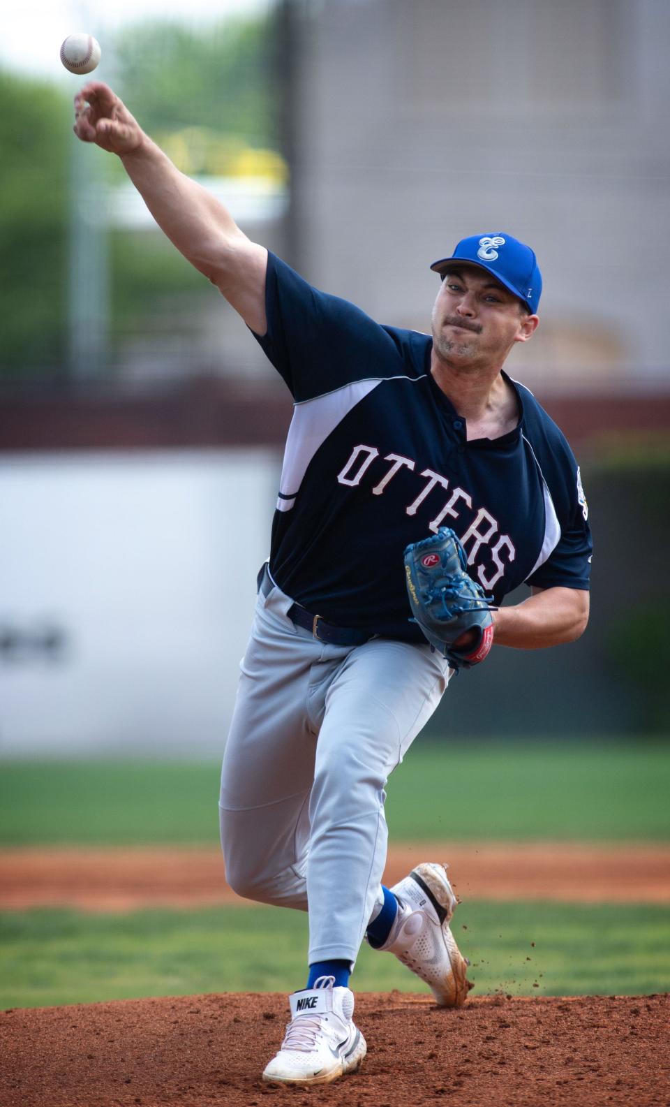 Evansville Otters pitcher Justin Watland delivers a pitch to a Black Sox batter during their exhibition game at Bosse Field Tuesday morning, May 9, 2023.