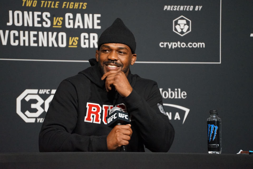 LAS VEGAS, NV - MARCH 1: Jon Jones speaks to the media ahead of their UFC 285 bout on March 1, 2023, at the UFC APEX in Las Vegas, NV. (Photo by Amy Kaplan/Icon Sportswire via Getty Images)
