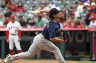 Seattle Mariners pitcher Marco Gonzales throws to home plate during the first inning of a baseball game against the Los Angeles Angels, Sunday, Sept. 26, 2021, in Anaheim, Calif. (AP Photo/Michael Owen Baker)