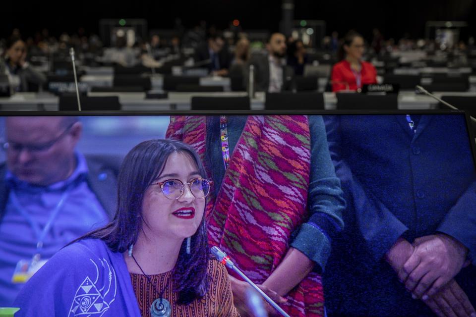 A member of IFAD farmer is seen on the screen during a closing speed at the COP25 closing plenary in Madrid, Sunday Dec. 15, 2019. Marathon international climate talks ended Sunday with negotiators postponing until next year a key decision on how to regulate global carbon markets. (AP Photo/Bernat Armangue)