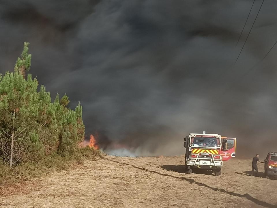 This photo provided by the fire brigade of the Gironde region SDIS 33, (Departmental fire and rescue service 33) shows fire fighters near flames consuming trees at a forest fire in Saint Magne, south of Bordeaux, south western France, Wednesday, Aug. 10, 2022. ( SDIS 33 Service Audiovisuel via AP)