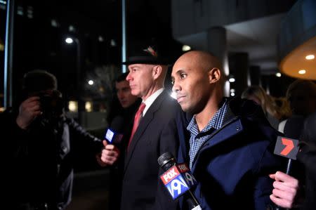 Former Minneapolis police officer Mohamed Noor and his attorney Tom Plunkett (L) leave the Hennepin County jail after posting bail in Minneapolis, Minnesota, U.S. March 21, 2018. REUTERS/Craig Lassig