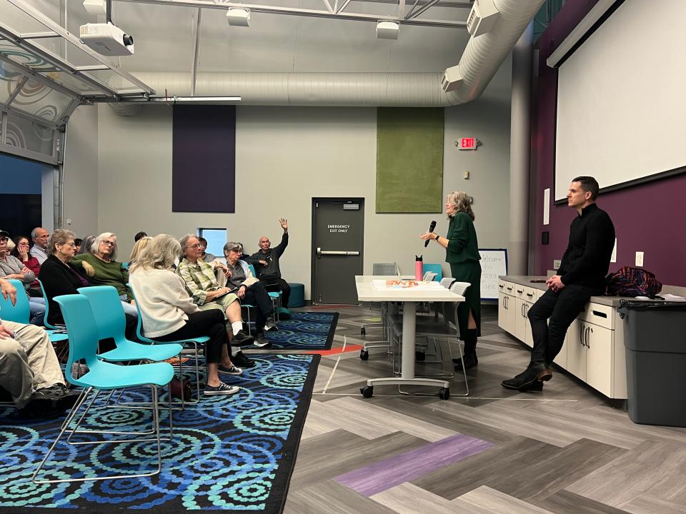 At-Large Metro Council Member Quin Evans Segall held a community meeting on the Nashville's Essential Structures for Togetherness (NEST) proposals at Edmondson Pike Branch of the Nashville Public Library on March 8, 2024. She was joined by District 4 Metro Council Member Mike Cortese to present and answer questions from an engaged audience.