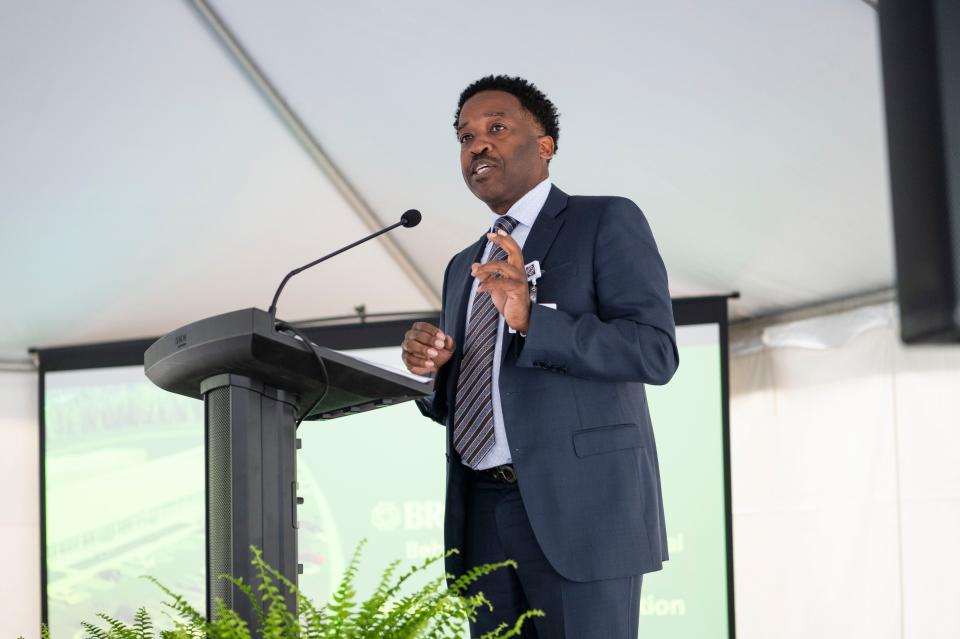 Bronson President and CEO Bill Manns gives remarks during the opening ceremonies for Bronson Behavioral Health Hospital in Battle Creek on Thursday, June 15, 2023.