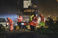 Department of Water and Power employees work in the pouring rain to clear a fallen tree from a road in the Hollywood hills in Los Angeles, Thursday, Jan. 17, 2019. The latest in a series of Pacific Ocean storms pounded California with rain and snow Thursday, prompting officials to put communities on alert for mudslides and flooding and making travel treacherous. (AP Photo/Richard Vogel)