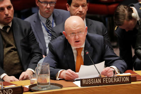 Russian Ambassador to the United Nations (U.N.) Vasily Nebenzya speaks regarding an incident in Salisbury, Britain, during a meeting of the U.N. Security Council at the U.N. headquarters in New York, U.S., April 5, 2018. REUTERS/Lucas Jackson