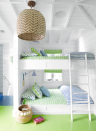 <p>A bunk room in Dana Small's <a href="https://www.housebeautiful.com/design-inspiration/house-tours/a22677223/dana-small-lake-michigan-house-tour/" rel="nofollow noopener" target="_blank" data-ylk="slk:Lake Michigan summer house;elm:context_link;itc:0;sec:content-canvas" class="link ">Lake Michigan summer house</a> is doubly fun with a peppy shade of lime green (Benjamin Moore's Spring Leaf) on the floor.</p>