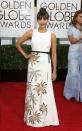 Rashida Jones went for a tropical theme with her white gown with palm tree accents. REUTERS/Danny Moloshok (UNITED STATES - Tags: Entertainment)(GOLDENGLOBES-ARRIVALS)