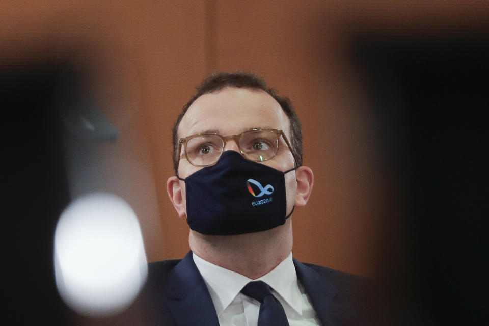 German Health Minister Jens Spahn attends the weekly cabinet meeting of the German government at the chancellery in Berlin, Wednesday, Oct. 21, 2020. Germany's Health Ministry said that Spahn tested positive on the corona virus Wednesday afternoon and is now in quarantine at home.(AP Photo/Markus Schreiber, Pool)