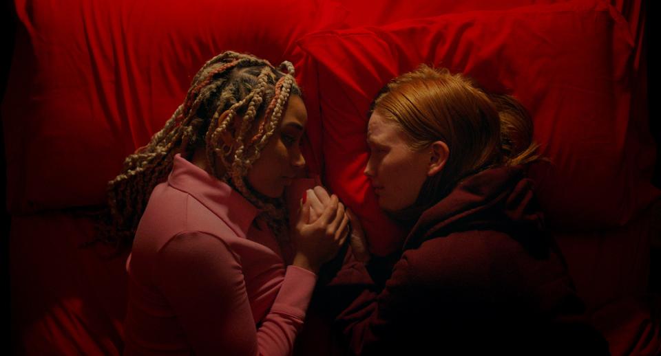 A relationship develops between a teenage goalie (Amandla Stenberg, left) and a figure skater (Bobbi Salvör Menuez), though one of them harbors a secret primal side in the horror romance "My Animal."