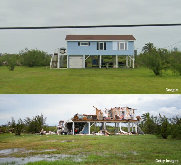 BOTTOM: A home, 3909 1st Street in Galveston, Texas, that neighbors believe was hit by a tornado from Hurricane Beryl sits exposed in Bay Harbor following the Category 1 hurricane on Monday, July 8, 2024. (Elizabeth Conley/Houston Chronicle via Getty Images) / TOP: Same address in Google Maps' Street View (Google)