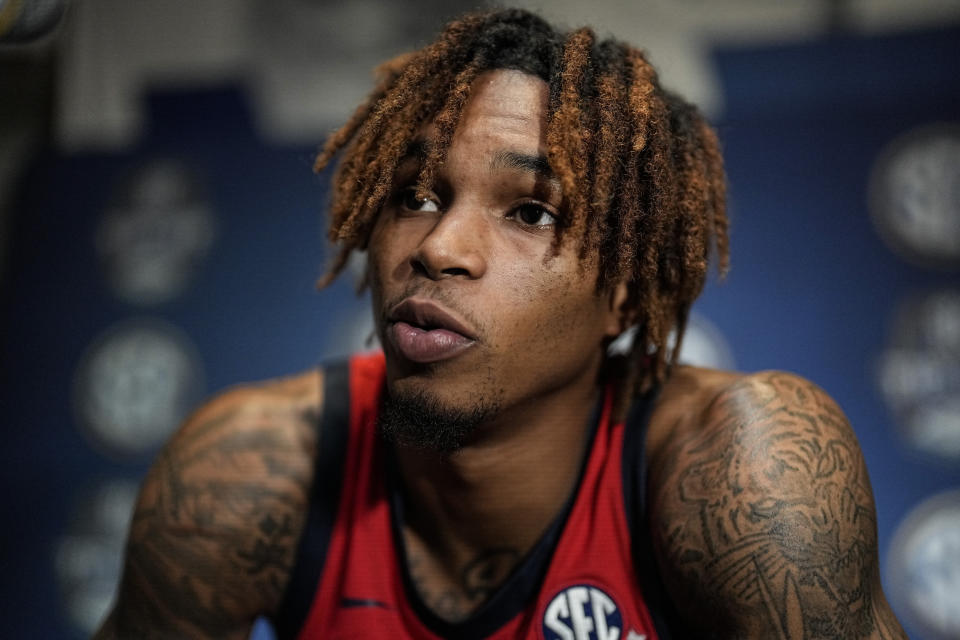 Mississippi NCAA college basketball player Allen Flanigan speaks during Southeastern Conference Media Days, Wednesday, Oct. 18, 2023, in Birmingham, Ala. (AP Photo/Mike Stewart)