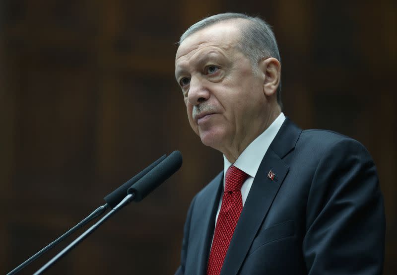 Turkish President Tayyip Erdogan addresses members of parliament from his ruling AK Party in Ankara