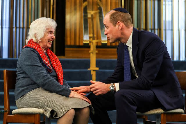 <p>TOBY MELVILLE/POOL/AFP via Getty Images</p> Prince William with 94-year-old Holocaust survivor Renee Salt at the Western Marble Arch Synagogue on Feb. 29, 2024