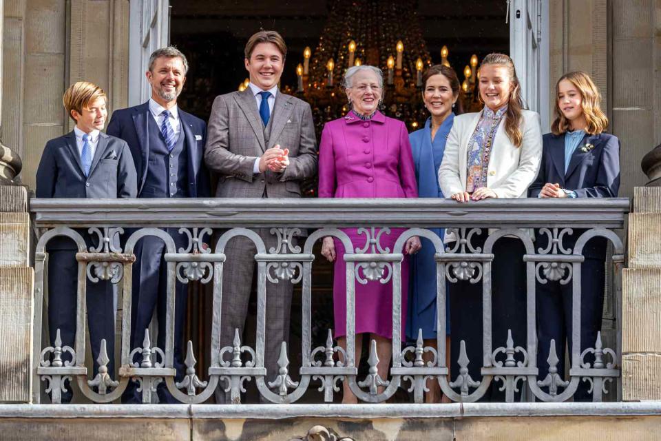 <p>Patrick van Katwijk/Getty</p> Prince Vincent of Denmark, Crown Prince Frederik of Denmark, Prince Christian of Denmark, Queen Margrethe of Denmark, Crown Princess Mary of Denmark, Princess Isabella of Denmark and Princess Josephine of Denmark at Amalienborg Palace on Prince Christian