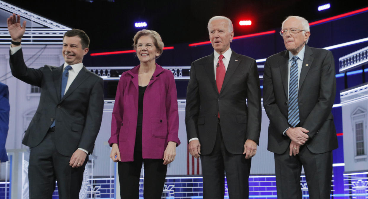 From left, the four polling leaders -- Pete Buttigieg, Elizabeth Warren, Joe Biden and Bernie Sanders -- did not get into the contentious clashes that had been expected. (Photo: Christopher Aluka Berry / Reuters)