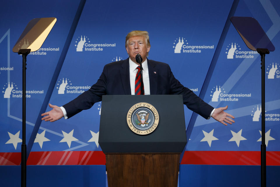 President Donald Trump speaks at the 2019 House Republican Conference Member Retreat Dinner in Baltimore, Thursday, Sept. 12, 2019. (AP Photo/Carolyn Kaster)