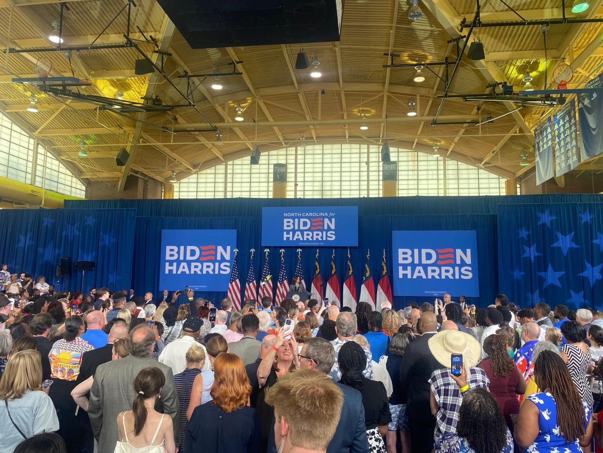 Vice President Kamala Harris speaking to North Carolinians in Greensboro, North Carolina on July 11, 2024