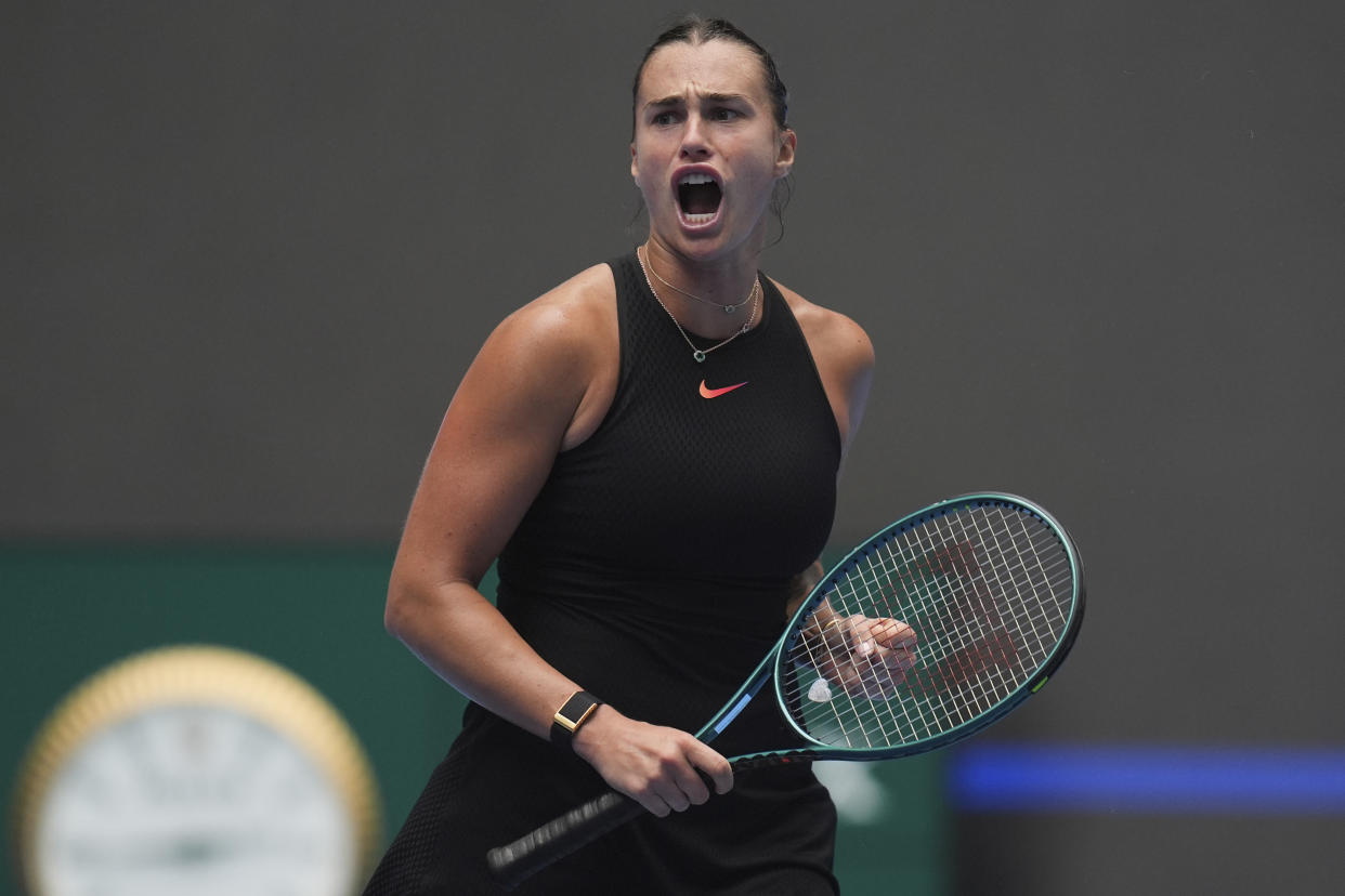 Aryna Sabalenka of Belarus reacts during a match against Mananchaya Sawangkaew of Thailand for the China Open tennis tournament held at the National Tennis Center in Beijing, Saturday, Sept. 28, 2024. (AP Photo/Ng Han Guan)