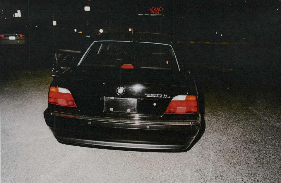 This photo provided by the Las Vegas Metropolitan Police Department shows the bullet-riddled car in which rapper Tupac Shakur was fatally shot in September 1996, in Las Vegas. Duane "Keffe D" Davis, 60, was arrested Sept. 29, 2023, and charged with orchestrating the drive-by shooting of Shakur near the Las Vegas Strip that also wounded rap music mogul Marion “Suge” Knight. (Las Vegas Metropolitan Police Department via AP)