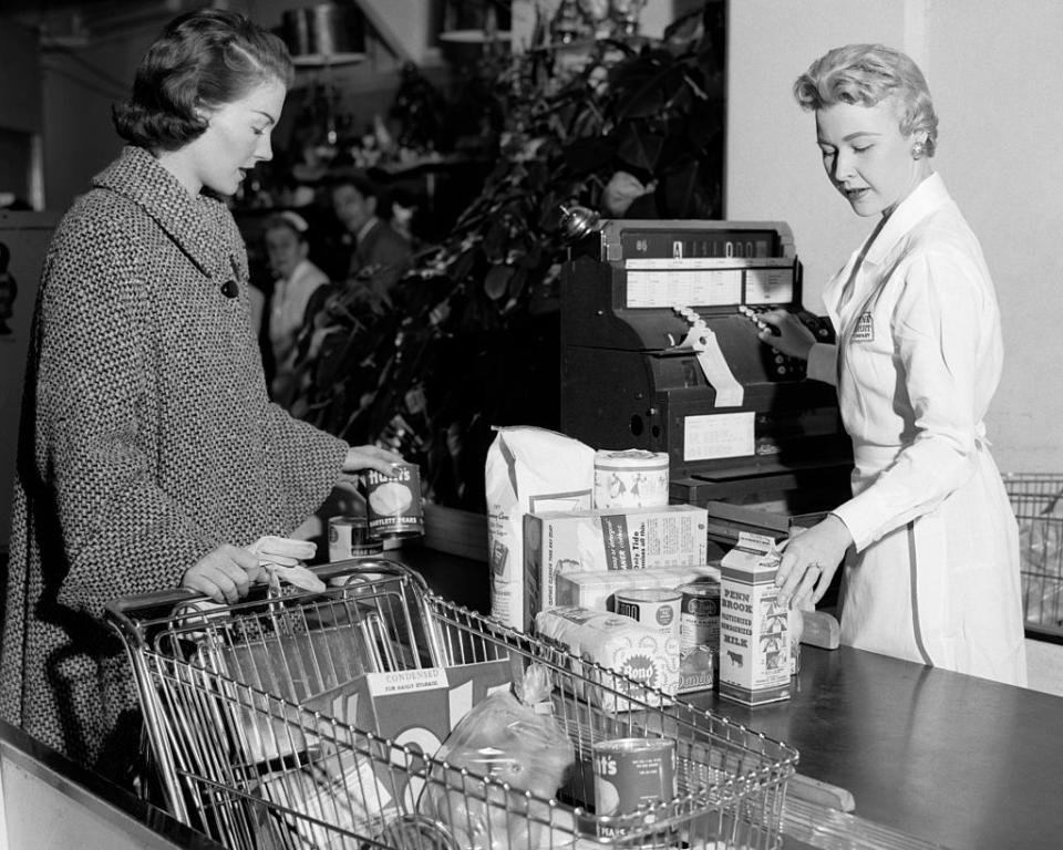 <p>In the '40s, grocery stores had to make their <a href="https://www.mentalfloss.com/article/26470/brief-history%E2%80%94and-future%E2%80%94-shopping-cart" rel="nofollow noopener" target="_blank" data-ylk="slk:checkout stands bigger;elm:context_link;itc:0;sec:content-canvas" class="link ">checkout stands bigger</a> to accommodate the amount of food shoppers bought at once with the new invention of carts.</p>