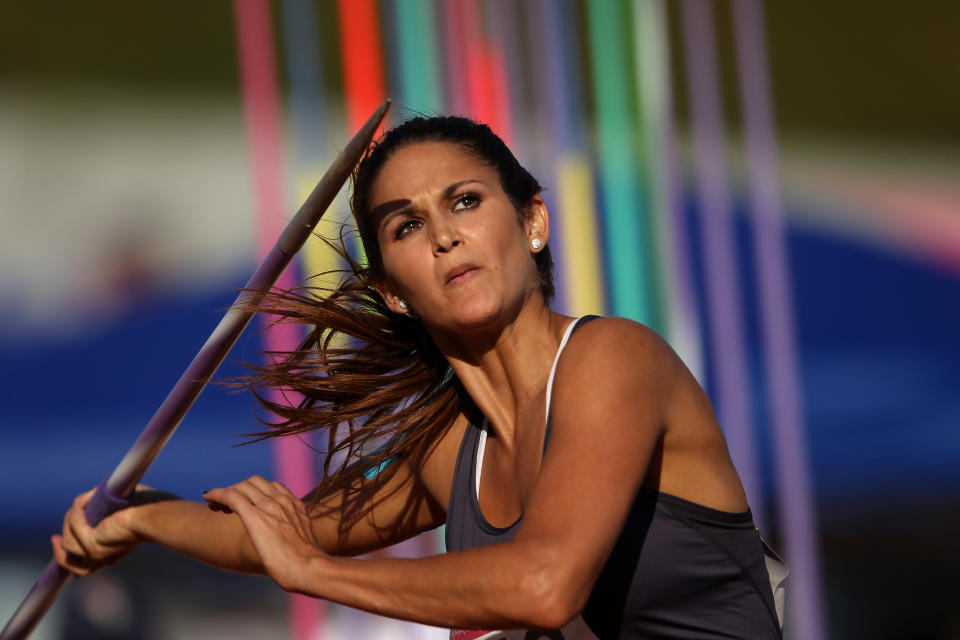 Leryn Franco of Paraguay competes in the women's javelin throw final during Day 13 of the XVI Pan American Games at Telmex Athletics Stadium on October 27, 2011 in Guadalajara, Mexico. (Photo by Scott Heavey/Getty Images)