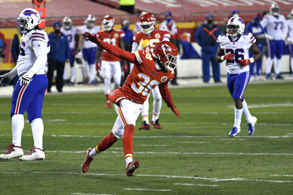 Kansas City Chiefs safety L'Jarius Sneed celebrates after sacking Buffalo Bills quarterback Josh Allen during the first half of the AFC championship NFL football game, Sunday, Jan. 24, 2021, in Kansas City, Mo. (AP Photo/Reed Hoffmann)