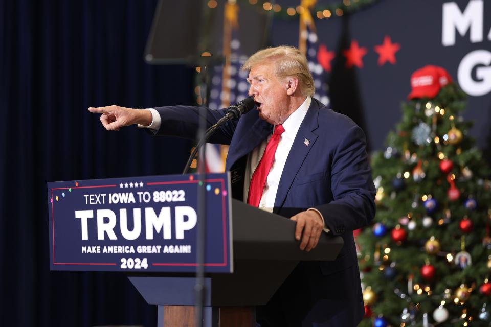 Republican presidential candidate and former President Donald Trump speaks at a campaign event on Tuesday in Waterloo, Iowa.