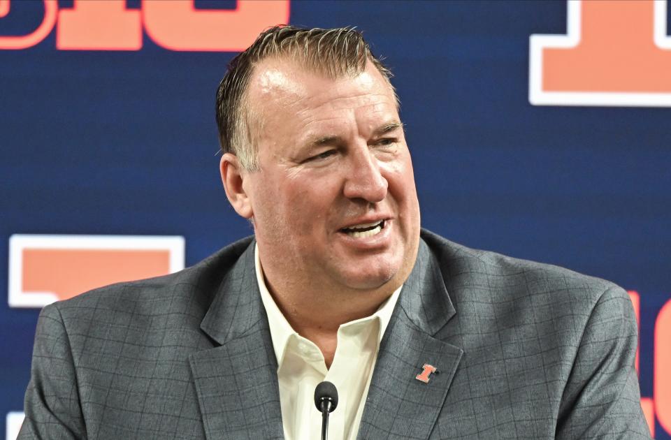 Jul 23, 2024; Indianapolis, IN, USA; Illinois Fighting Illini head coach Bret Bielema speaks to the media during the Big 10 football media day at Lucas Oil Stadium. Mandatory Credit: Robert Goddin-USA TODAY Sports