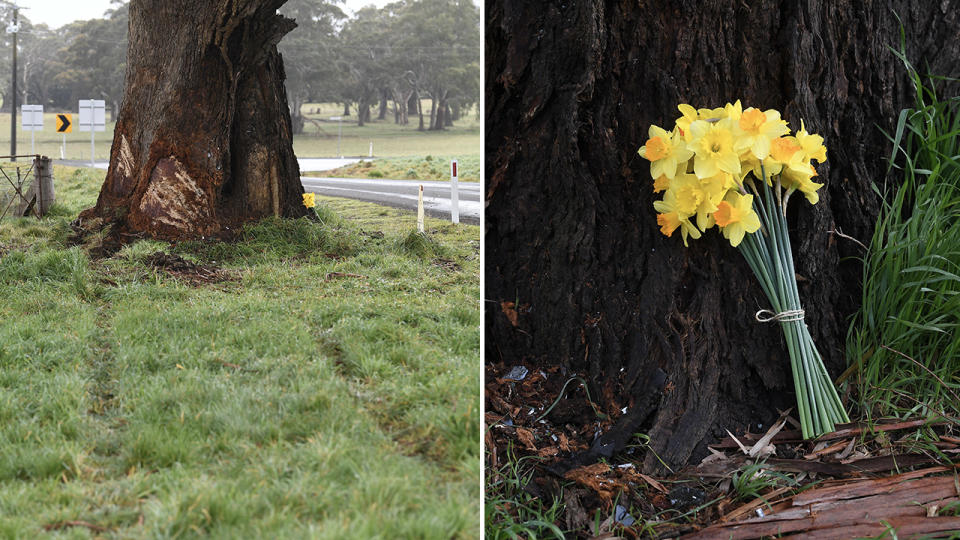 A memorial to Danny Frawley, pictured here at the scene of his tragic death.