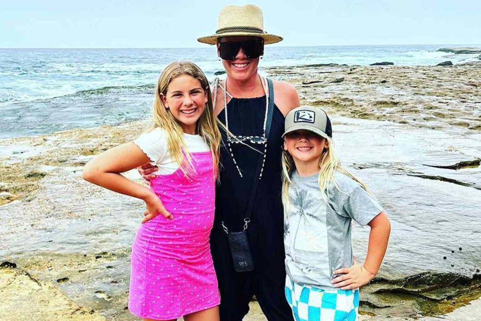 <p>Pink/Instagram</p> Pink poses with daughter Willow and son Jameson on Bondi Beach in Australia