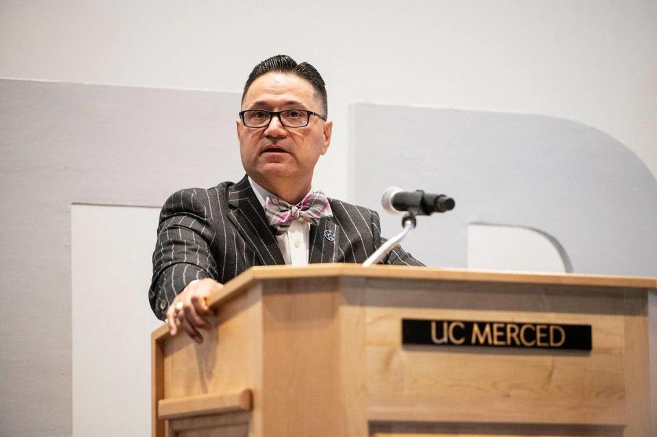 University of California, Merced Chancellor Juan Sanchez Munoz speaks during a 20-year anniversary celebration of the groundbreaking of the University of California, Merced, in Merced, Calif., on Wednesday, Jan. 25, 2023.