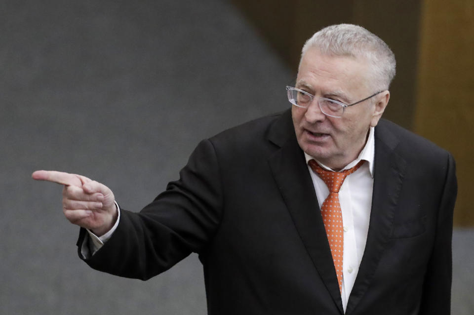 FILE - In this March 11, 2020 file photo, Russian Liberal Democratic Party leader Vladimir Zhirinovsky speaks during a session at the State Duma, the Lower House of the Russian Parliament in Moscow, Russia. Zhirinovsky, the nationalistic leader of the Liberal Democratic Party of Russia, suggested that the U.S. and its greedy pharmaceutical companies were to blame for the coronavirus. (AP Photo/Pavel Golovkin)