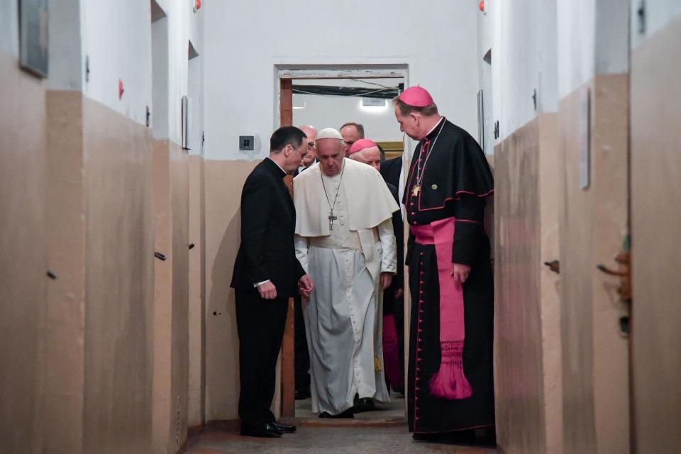 Pope Francis pays a visit to the Museum of Occupations and Freedom Fights, in Vilnius, Lithuania, Saturday, Sept. 22, 2018. Francis began his second day in the Baltics in Lithuania's second city, Kaunas, where an estimated 3,000 Jews survived out of a community of 37,000 during the 1941-1944 Nazi occupation. (Alessandro Di Meo/Pool Photo via AP)