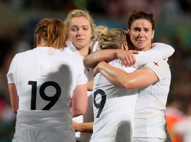 Sarah Hunter (right) after the 2017 Women’s World Cup final defeat to New Zealand