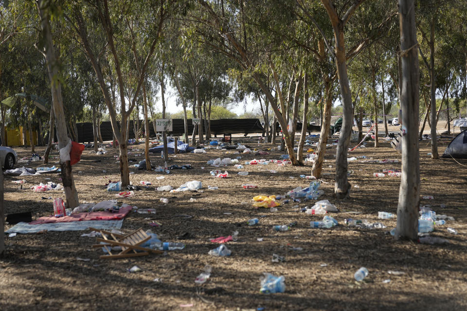 The site of a music festival near the border with the Gaza Strip in southern Israel is seen on Thursday. Oct. 12, 2023. At least 260 Israeli festivalgoers were killed during the attack by Hamas gunmen last Saturday. (AP Photo/Ohad Zwigenberg)