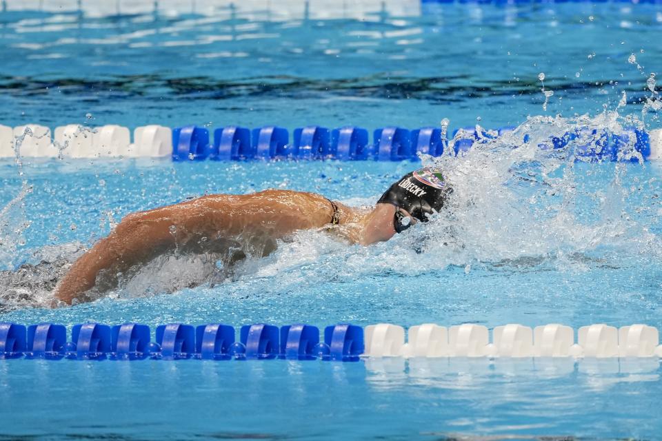 Katie Ledecky swims during the Women's 400 freestyle preliminaries Saturday, June 15, 2024, at the US Swimming Olympic Trials in Indianapolis. (AP Photo/Darron Cummings)