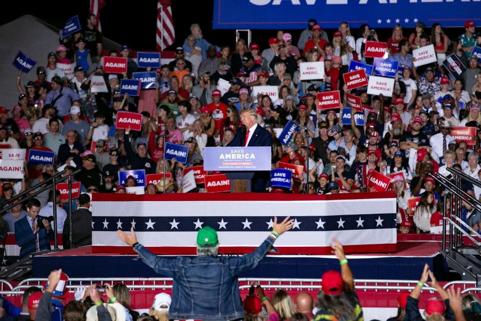 Former President Donald Trump speaks at a Save America Rally at the Aero Center Wilmington on September 23, 2022 in Wilmington, North Carolina.