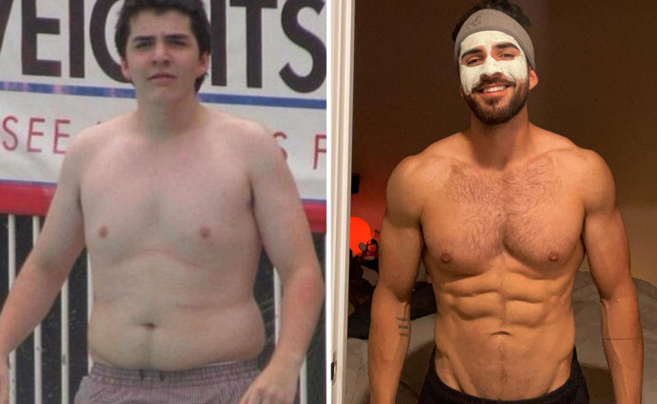 L: Darvid Garayeli as a teenager in swimming trunks. R: Darvid Garayeli shirtless wearing a face mask