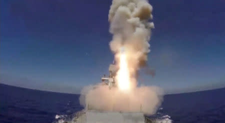 A still image taken from a video footage and released by Russia's Defence Ministry on May 31, 2017, shows a missile being fired from a Russian warship to hit, according to the Russian Defence Ministry, Islamic State targets near the Syrian city of Palmyra, from the Mediterranean. Ministry of Defence of the Russian Federation/Handout via REUTERS TV