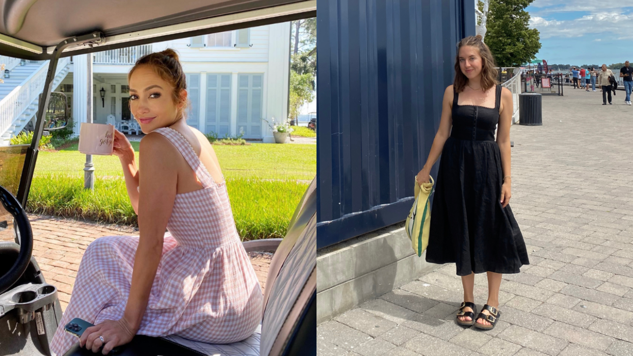 jennifer lopez wearing pink gingham reformation tagliatelle linen dress, reformation winter sale, I may have zero singing talent, but J.Lo and I do have this Reformation Tagliatelle Linen Dress in common (photos via Jennifer Lopez/Instagram & Kayla Kuefler). 