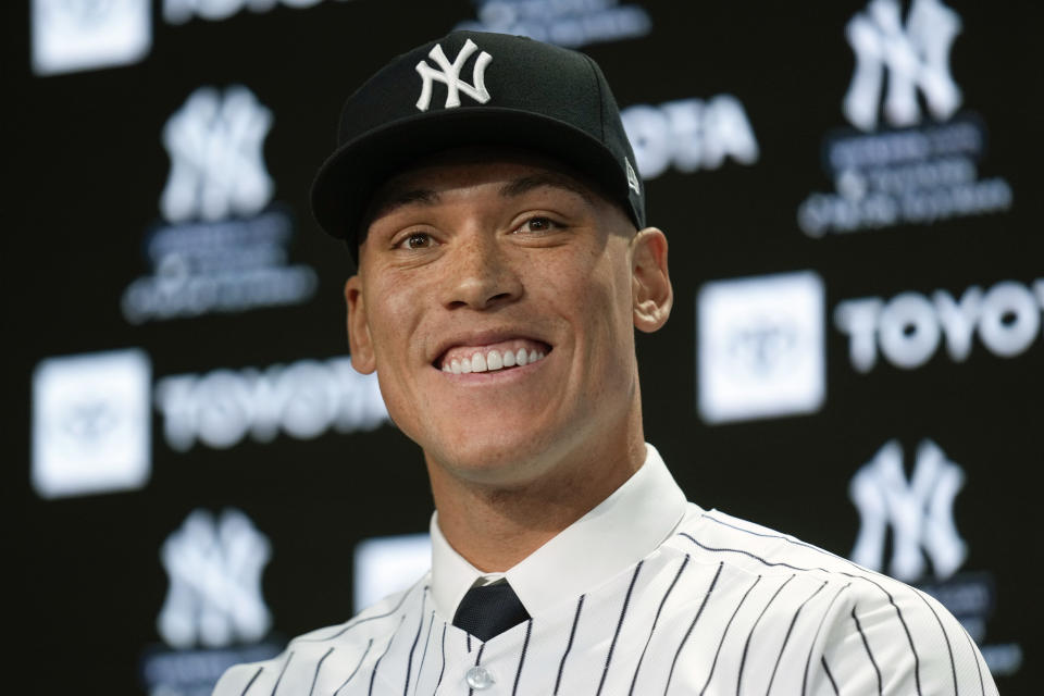 New York Yankees' Aaron Judge participates in a news conference at Yankee Stadium, Wednesday, Dec. 21, 2022, in New York. Judge has been appointed captain of the New York Yankees after agreeing to a $360 million, nine-year contract to remain in pinstripes. (AP Photo/Seth Wenig)