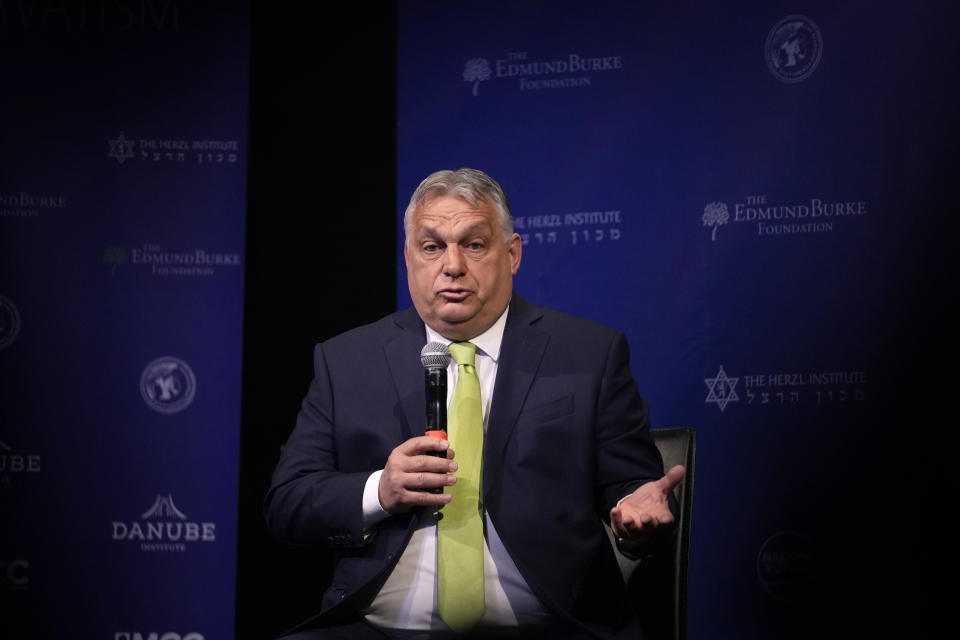 Hungary's Prime Minister Viktor Orban speaks during the National Conservatism conference in Brussels, Wednesday, April 17, 2024. (AP Photo/Virginia Mayo)