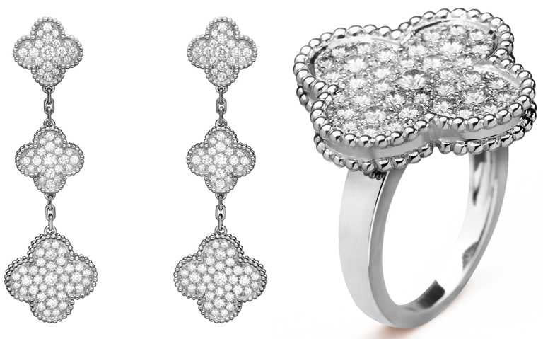 （左）Van Cleef & Arpels「Magic Alhambra」白金鑽石耳環╱1,380,000元；（右）「Magic Alhambr
