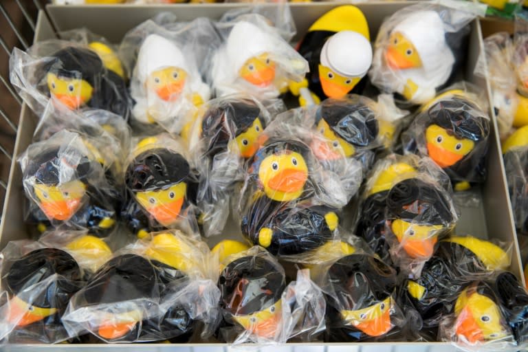 Rubber ducks with a Lutherian costume for sale in Lutherstadt Wittenberg, eastern Germany