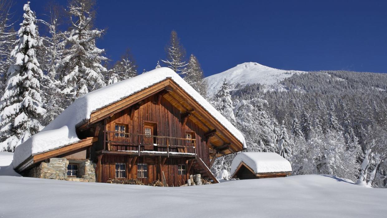 Snow, Winter, Mountain, Sky, Property, Tree, Log cabin, House, Home, Architecture, 