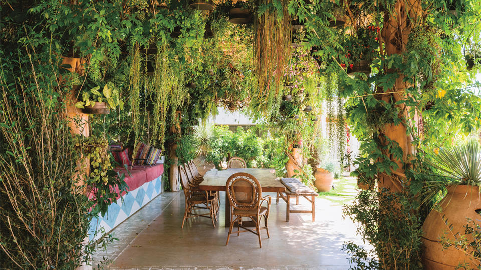 The lush flower-pagoda dining area.