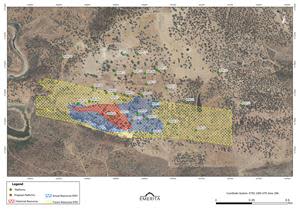 Plan map showing the projection to surface of the historical La Romanera deposit in red, the outline of the surface projection based on Emerita’s drilling to date in blue and the projection of the conductive plate from the geophysical survey in yellow.  The deposit remains open along strike and at depth.  As illustrated on the longitudinal sections below, the extent of the massive sulphide deposits has been expanded, although as with the historic estimate, a portion of the massive sulphide is low grade and will fall below cut-off grades.